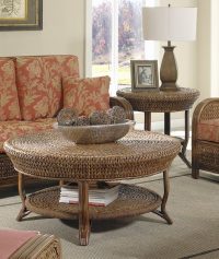 Callaway 2 Pc Living Room Table Set with 1 Round Coffee Table and 1 Round End Tables with Glass Top from Classic Rattan Model 4345G-4343G