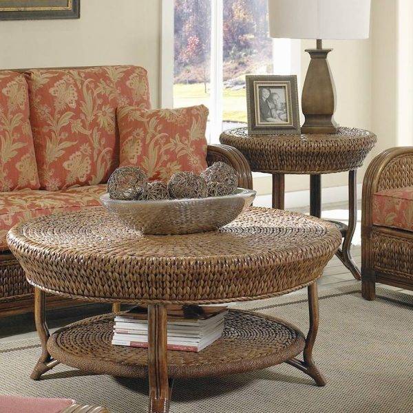 Callaway 2 Pc Living Room Table Set with 1 Round Coffee Table and 1 Round End Tables with Glass Top from Classic Rattan Model 4345G-4343G