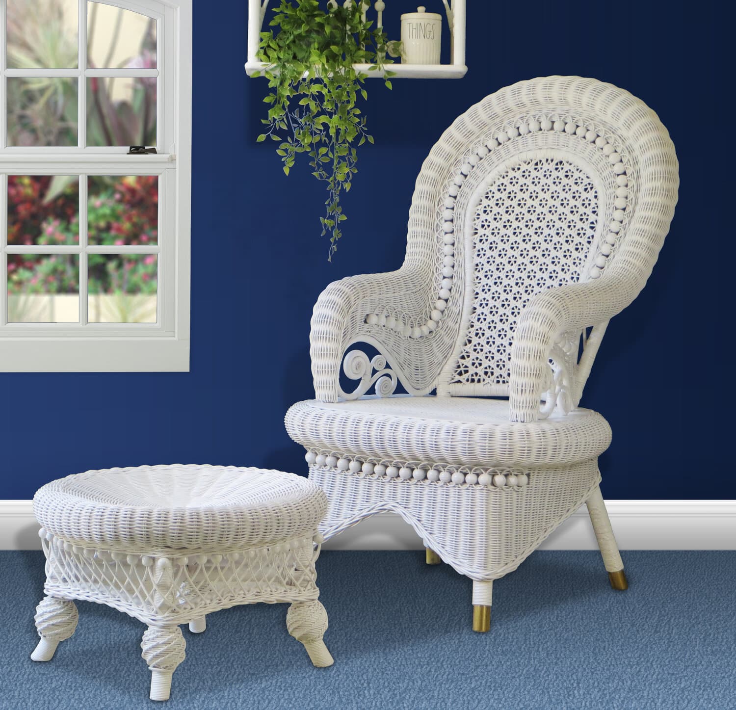 Country white chair and round ottoman