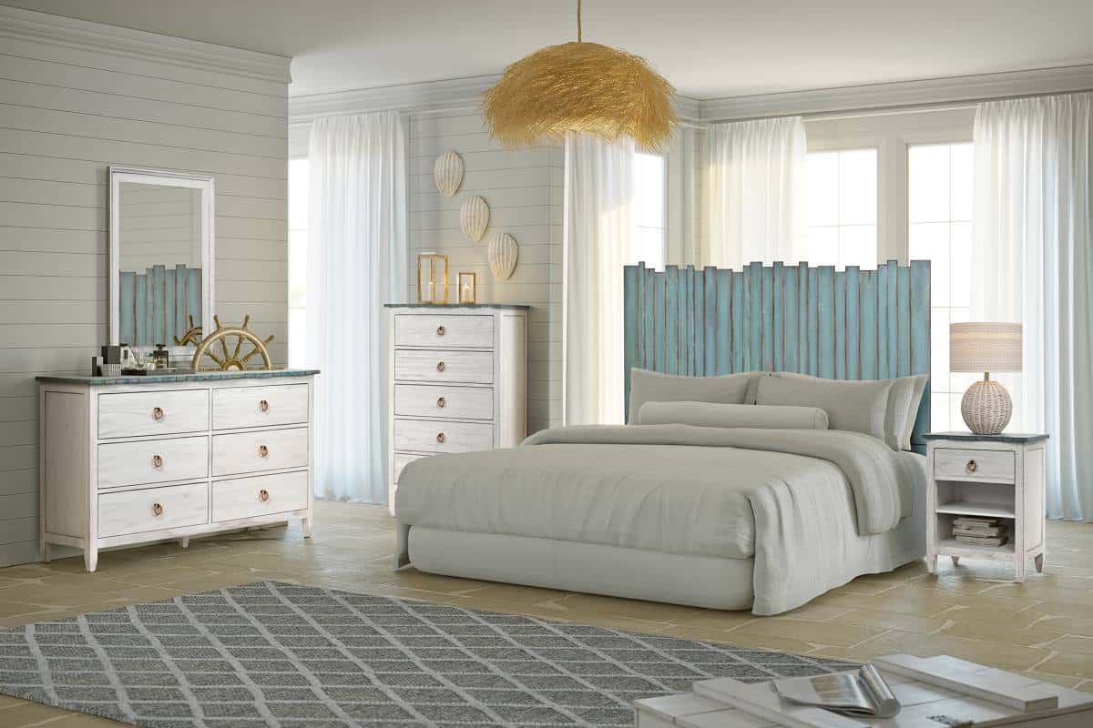 Picket Fence 4 Pc Bedroom Set in Coastal Bleu Queen or King Headboard
