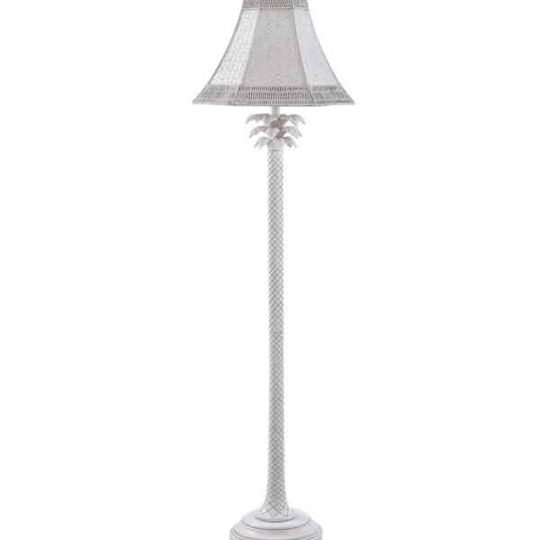 This White Washed Coastal Palm Floor Lamp is a great way to add a subtle touch of the tropical to a living room or reading nook. It features a resin base adorned with palm tree-inspired details. It and the woven hex rattan shade are both finished in a monochromatic whitewash. Due to the production process, each piece is unique and no two are exactly alike. This Lamp Is A Traditional Style With A Coastal Influence And Finished In A White Wash. Features Coastal Palm Accents As Well As A Woven Hex Rattan Shade. Top of Shade: 7″; Bottom of Shade: 13″ Color: White Wash Material: Polyresin, Rattan, Other Dimensions: 18 inch length x 18 inch extension x 18 inch width x 62 inch height Weight: 4.3 pounds Switch Type: 3 Way Switch Location: On Socket System Type: Plug-In Cord Length & Color: 77″ – Clear