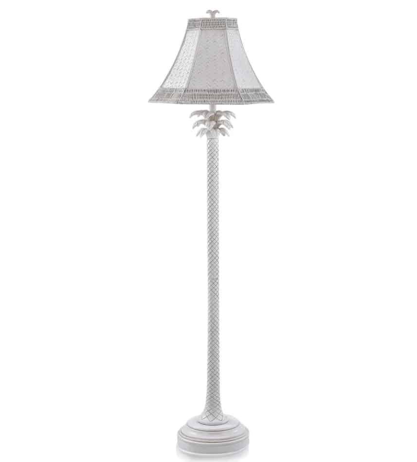 This White Washed Coastal Palm Floor Lamp is a great way to add a subtle touch of the tropical to a living room or reading nook. It features a resin base adorned with palm tree-inspired details. It and the woven hex rattan shade are both finished in a monochromatic whitewash. Due to the production process, each piece is unique and no two are exactly alike. This Lamp Is A Traditional Style With A Coastal Influence And Finished In A White Wash. Features Coastal Palm Accents As Well As A Woven Hex Rattan Shade. Top of Shade: 7″; Bottom of Shade: 13″ Color: White Wash Material: Polyresin, Rattan, Other Dimensions: 18 inch length x 18 inch extension x 18 inch width x 62 inch height Weight: 4.3 pounds Switch Type: 3 Way Switch Location: On Socket System Type: Plug-In Cord Length & Color: 77″ – Clear