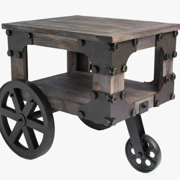 Small Rustic End Table with Storage Shelf and Wheel