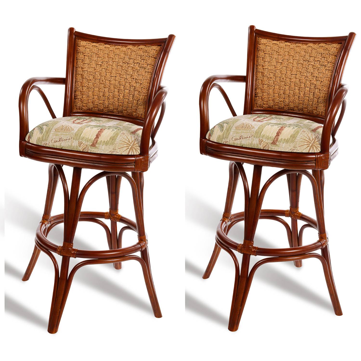 Singapore (Set of 2) Swivel Rattan Barstools or Counterstools by Alexander and Sheriden