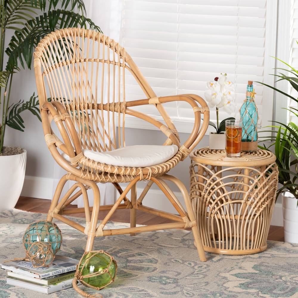 PARI JAYDEN MODERN BOHEMIAN WHITE FABRIC UPHOLSTERED AND NATURAL BROWN FINISHED RATTAN ACCENT CHAIR