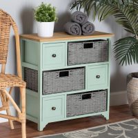 VALTINA MODERN AND CONTEMPORARY TWO-TONE OAK BROWN AND MINT GREEN FINISHED WOOD 3-DRAWER STORAGE UNIT WITH BASKETS