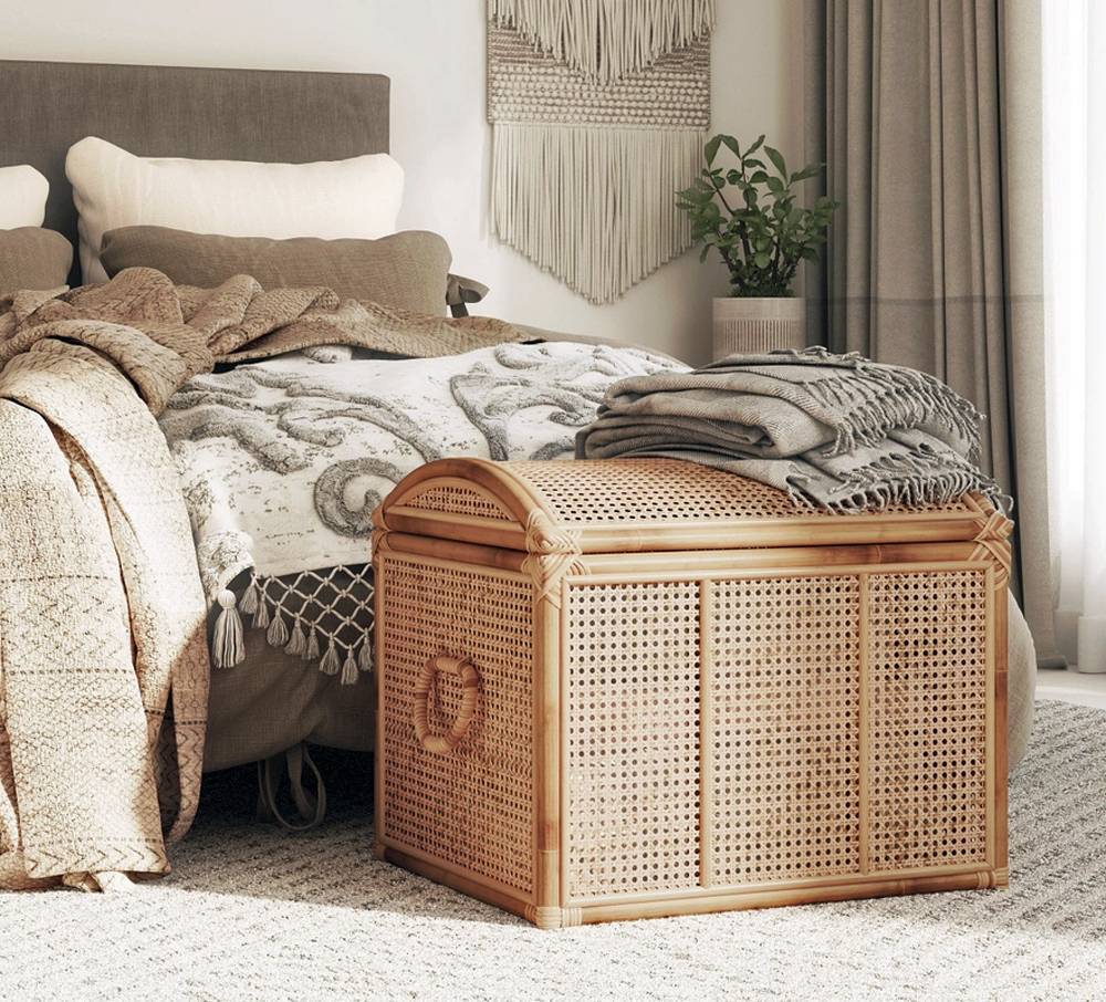 Our Old World Wooden and Wicker Storage Trunk is a versatile piece that seamlessly blends the rustic charm of an antique wooden chest with the durability of modern craftsmanship.