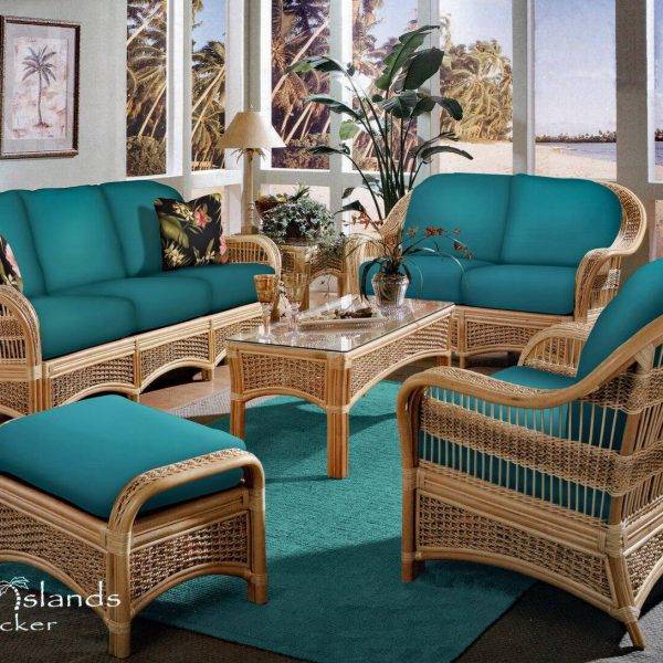 spice islands wicker set with aqua cushions