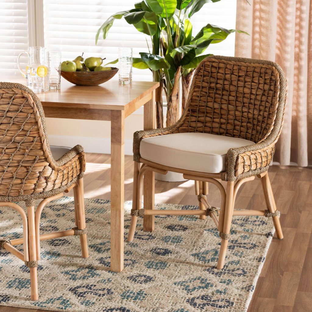 Bali Pari Kyle Modern Bohemian Natural Brown Woven Rattan Dining Side Chair With Cushion