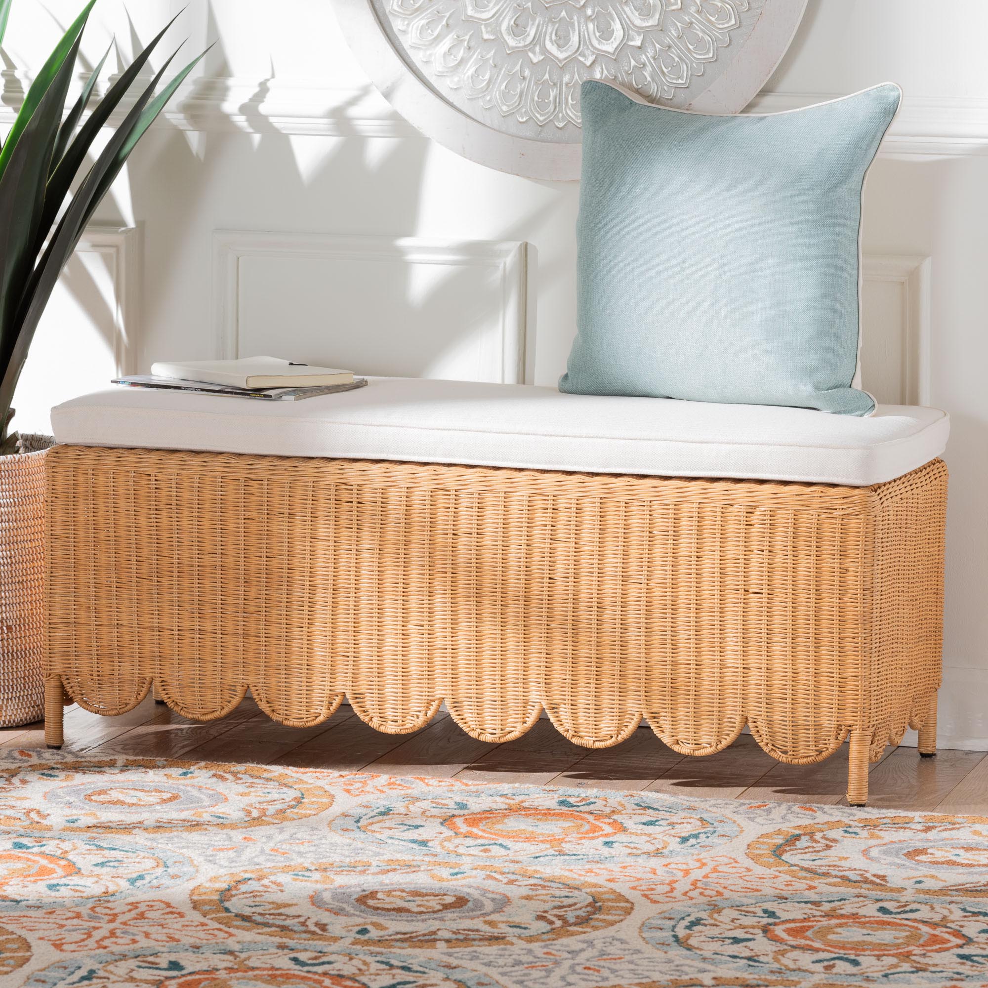 bali & pari Teresa Bohemian Light Honey Scalloped Rattan Ottoman Bench