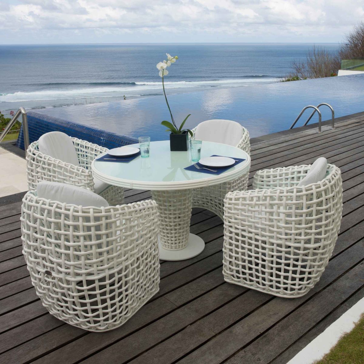 Dynasty Outdoor 5-Piece Dining Set with Sunbrella Cushion in White Mushroom Finish