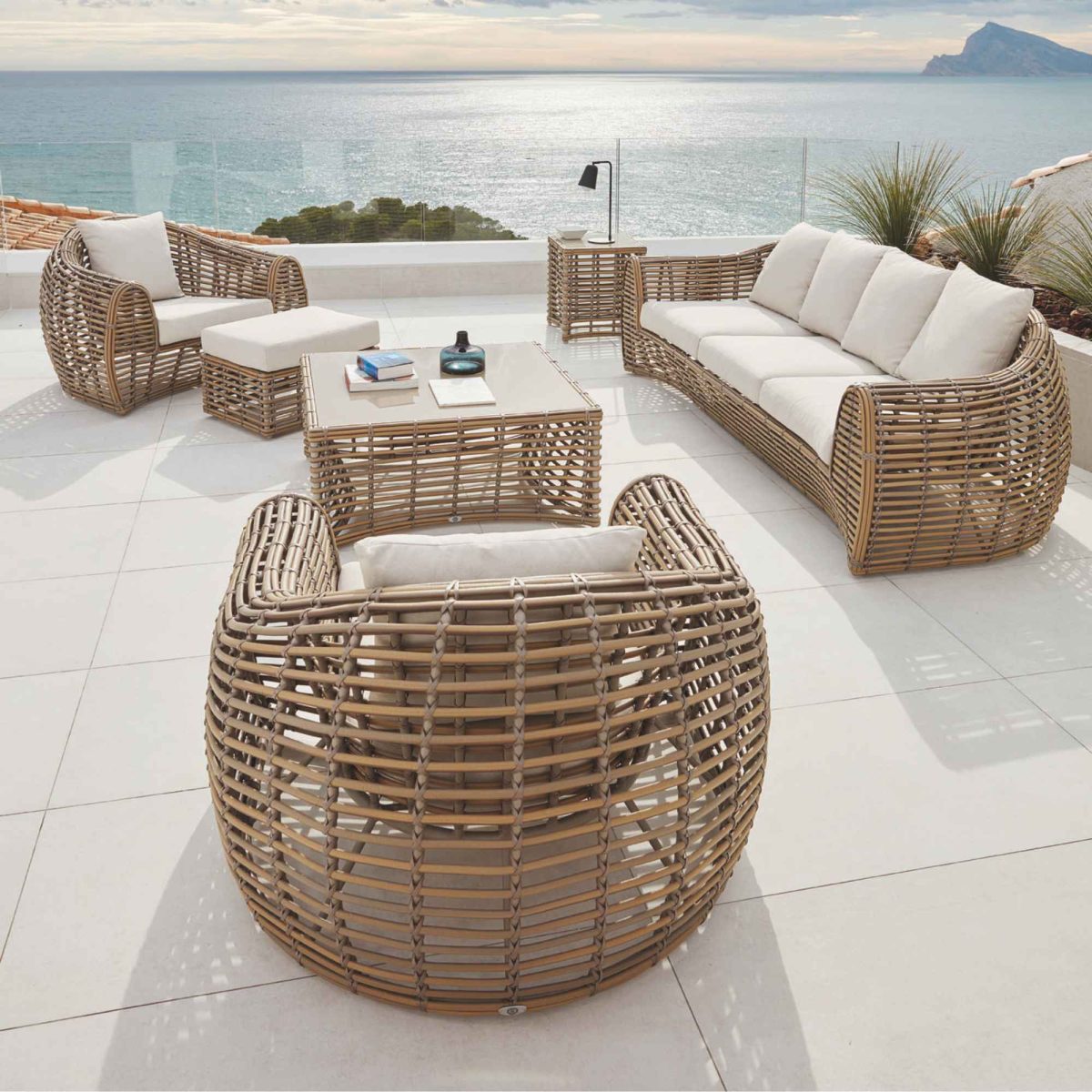 Ruby 5-Piece Outdoor Seating Set with Sunbrella Cushions and Kubu Mushroom Weave