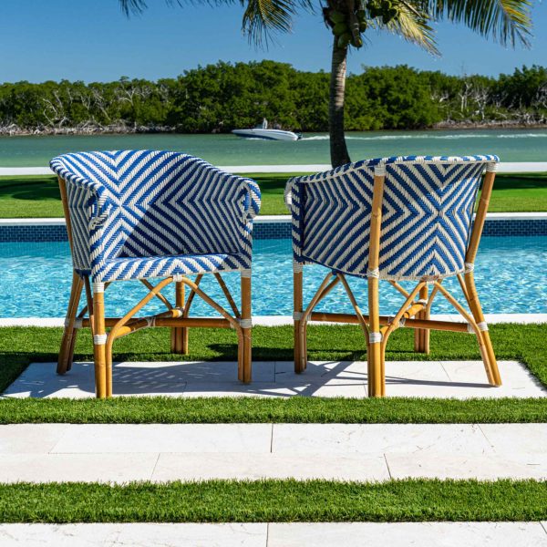 Panama Jack Tia Bistro Armchairs Set with natural rattan and blue white weave