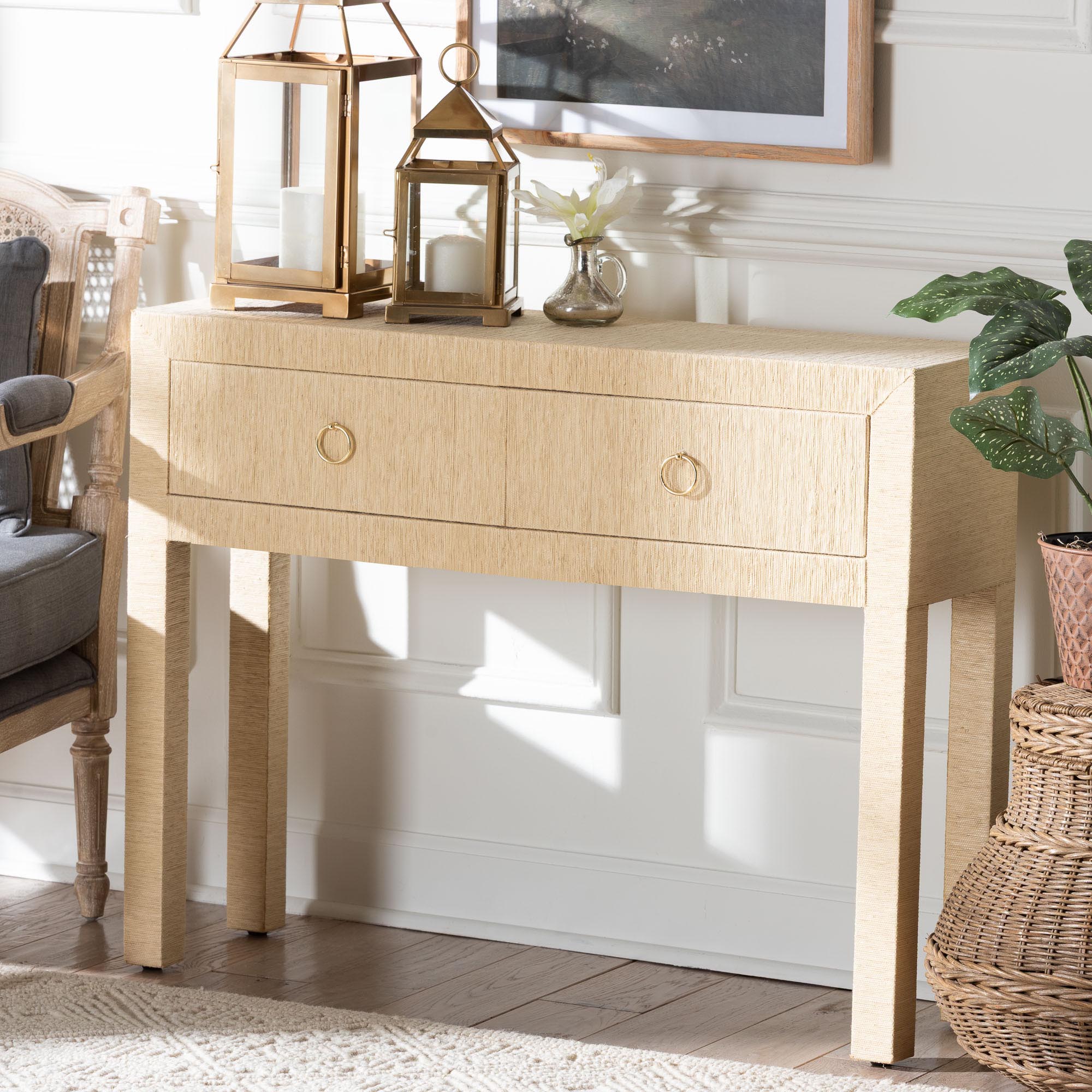Comodino 45x50h Cm In Legno E Rattan Naturale Con 1 Cassetto E Struttura Oro Vallecas