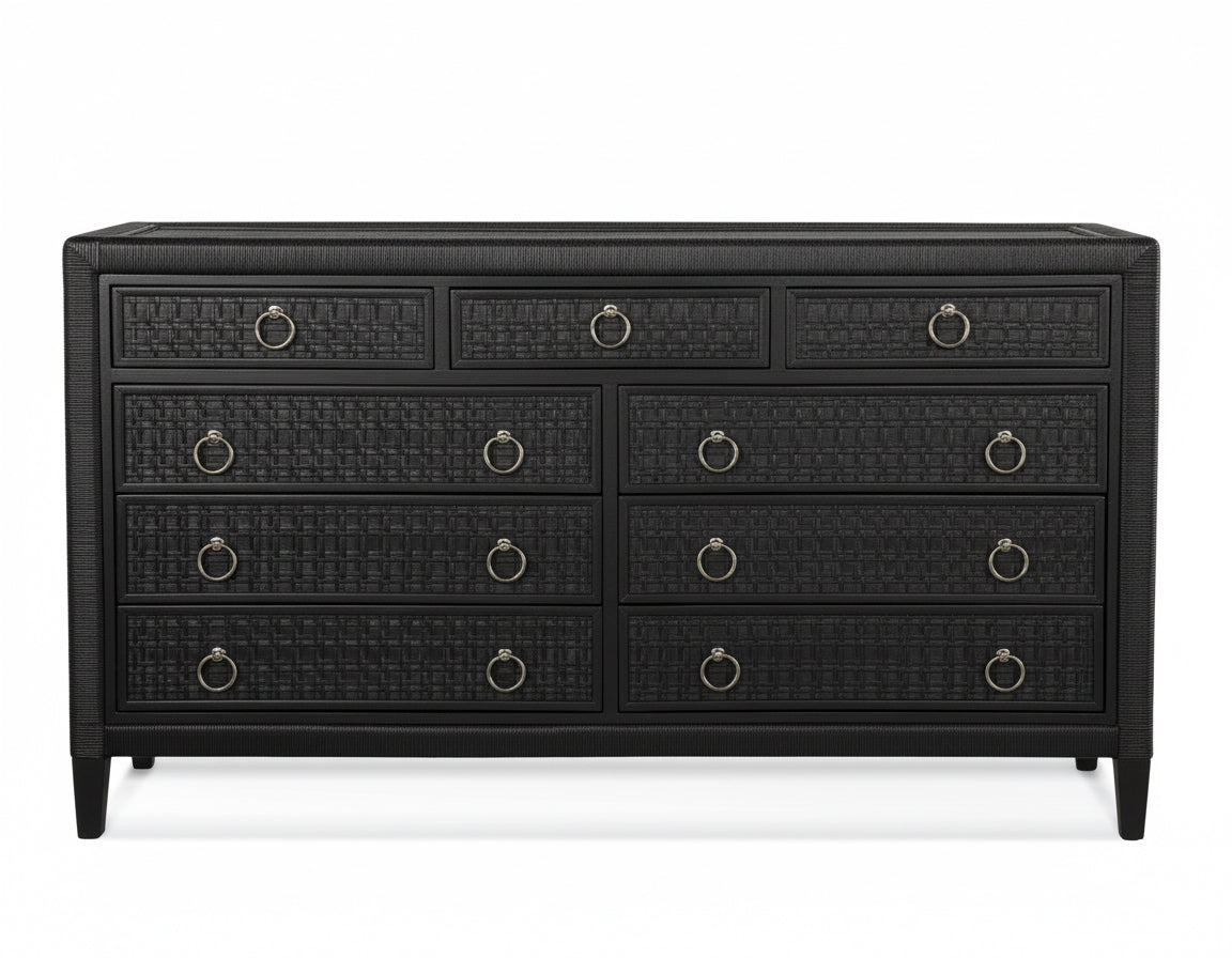 Naples Black Wicker and Rattan 9-Drawer Dresser  Elegant Storage